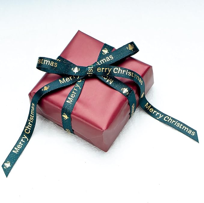 Christmas Ribbon,Red Satin Ribbon with Gold Pattern,Use for Christmas Craft,Gift Wrapping,Home Decor,3/8 Inches Total 50 Yards,Red/Green/Gold (Green, 3/8 inch*50 Yard)