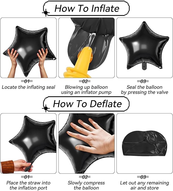 16 Pcs Black Star Balloons,22/18/10 Inch Foil Balloons, Four-Pointed Balloon for Kids Birthday Graduation Celebration Wedding Baby Shower Party Decorations