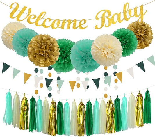 Sage-Green Beige-Gold Baby Shower Party-Decorations - 31pcs Kits Gender Neutral Boy Girl Welcome Baby Banner Flags,Tissue Paper Pom Poms,Tassel Streamers Garland Birthday Decor Panduola