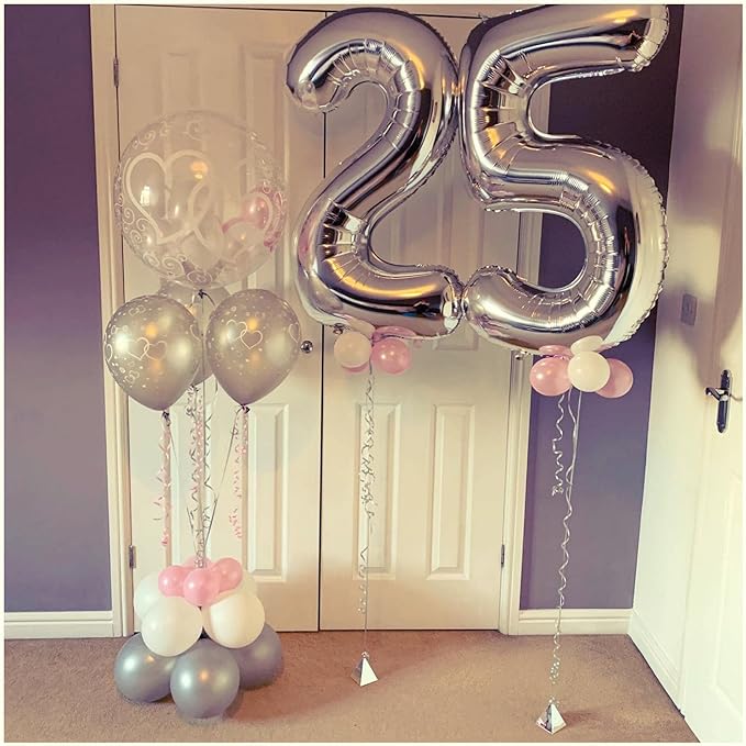 40 Inch Silver 25 Number Balloons Giant Jumbo Huge 25 or 52 Foil Mylar Helium Number Digital Balloons Silver Birthday Mylar Digital Balloons 25 Birthday Party 25th Anniversary Events Party Decorations