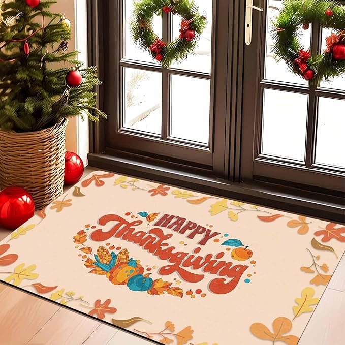 Fall Welcome Maple Leafs Decorative Door Mat, Autumn Thanksgiving Doormat for Indoor Outdoor Entrance Floor Mats,Fall Pumpkins Non Slip Harvest Vintage Decor Rubber Welcome Mats 16" x 24" Inch