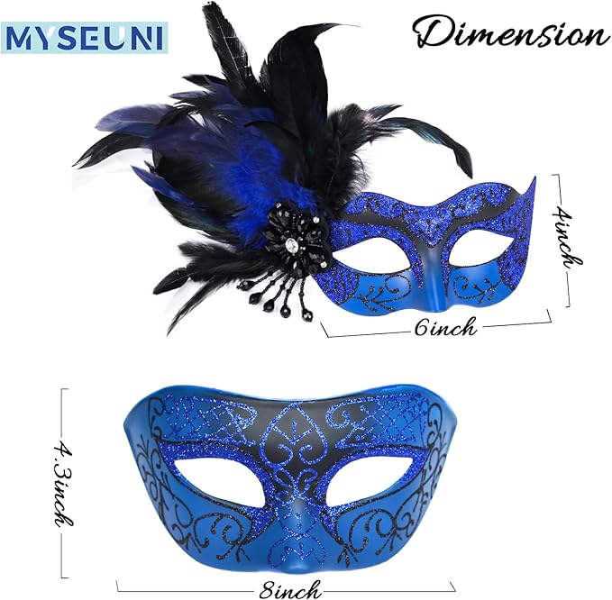 Blue Masquerade Mask for Couple -Mascarade Masks for Women with Feathers & Venetian Mask Men for Masquerade Party, Mardi Gras, Halloween Cosplay Prom, Christmas