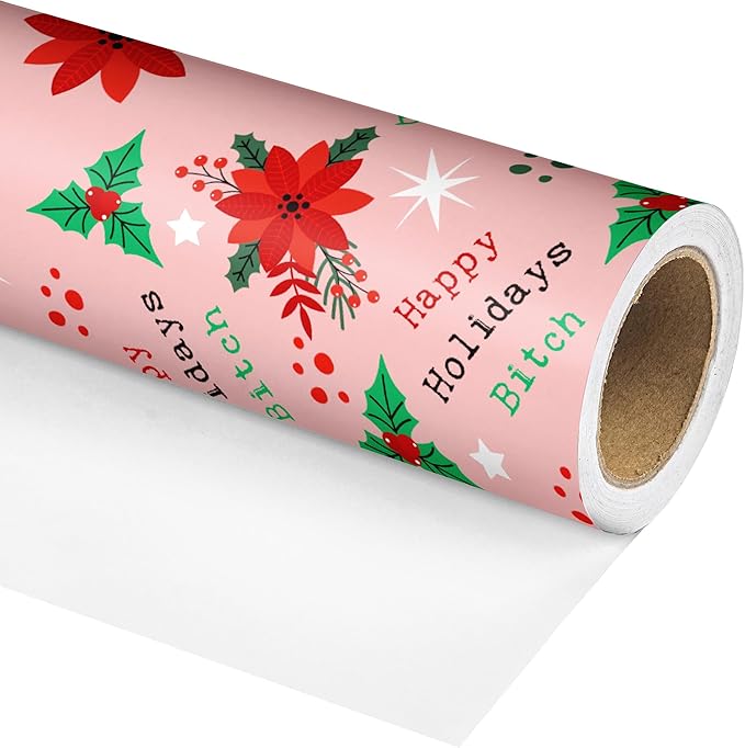 Vnaaem Funny Chrismas Wrapping Paper Roll for Women Aldut - Pink Xmas Floral, Happy Holiday Bixxh Text Rude Xmas Gift Wrap Sheets for Holiday Winter Birthday DIY Craft Party(Total 28.5sq.ft)