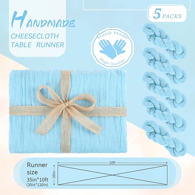 5 Packs Cheesecloth Table Runner Baby Blue, 35x120 inch Light Blue Rustic Gauze Boho Wedding Table Runner Decoration, Wedding Table Decor Table Cloth for Wedding Party Bridal Shower Table