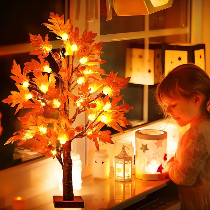 [2 Pack & Timer] 24 Inch Lighted Fall Maple Tree for Fall Decorations with 48 LED Timer Battery Operated Artificial Fall Light up Trees for Home Indoor Outdoor Autumn Harvest Thanksgiving Table Decor