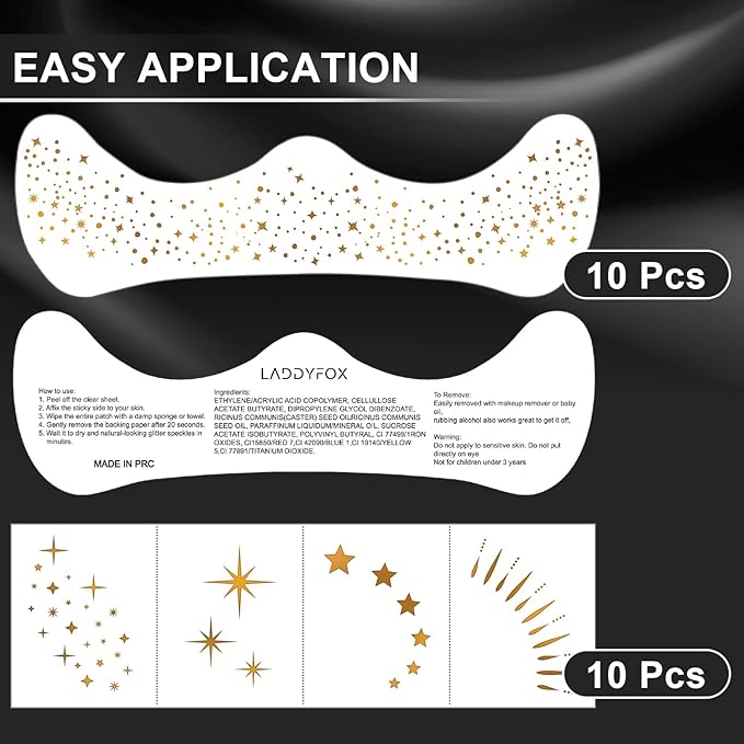 20 Pcs Gold Face Makeup Patches, Glitter Freckles Face Tattoo Gold Makeup, Glitter Freckles, Sparkle Makeup Patches, Waterproof Face Glitter Temporary Tattoos for Women