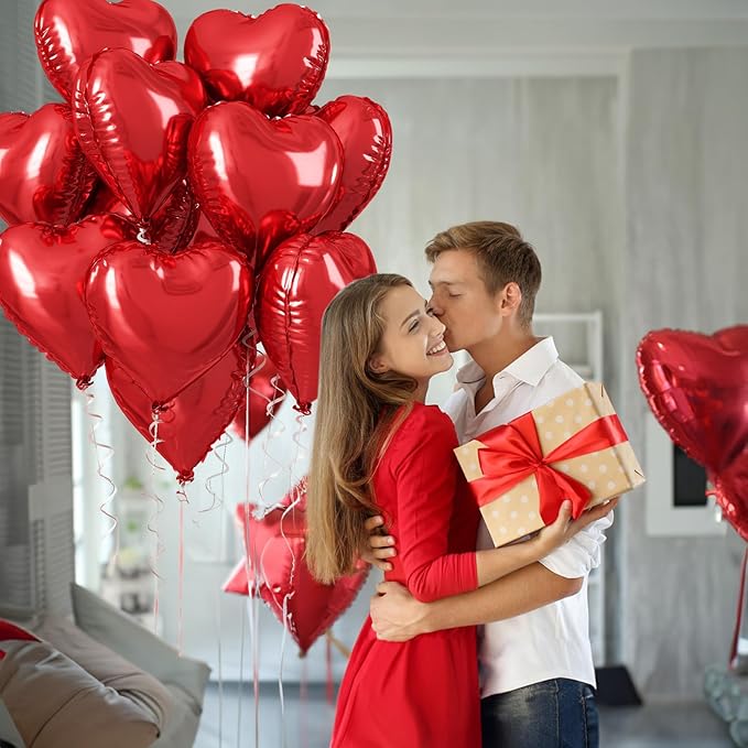 Red Heart Balloons, 18 Inch Metallic Red Foil Balloon Helium 10Pcs Large Ruby Heart Shape Foil Balloons for Wedding Girls Women Birthday Anniversary Bachelorette Valentines Day Baby Shower Mother Day