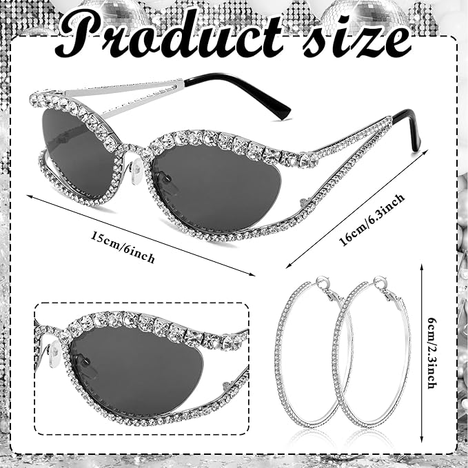 XEPST 3 Piece 70s Women Disco Accessories Disco Costume Set with Sparkling Cat Eye Sunglasses, Hoop Earrings & Rhinestone Tie Necklace, Glamorous Bling Costume Accessories for Women