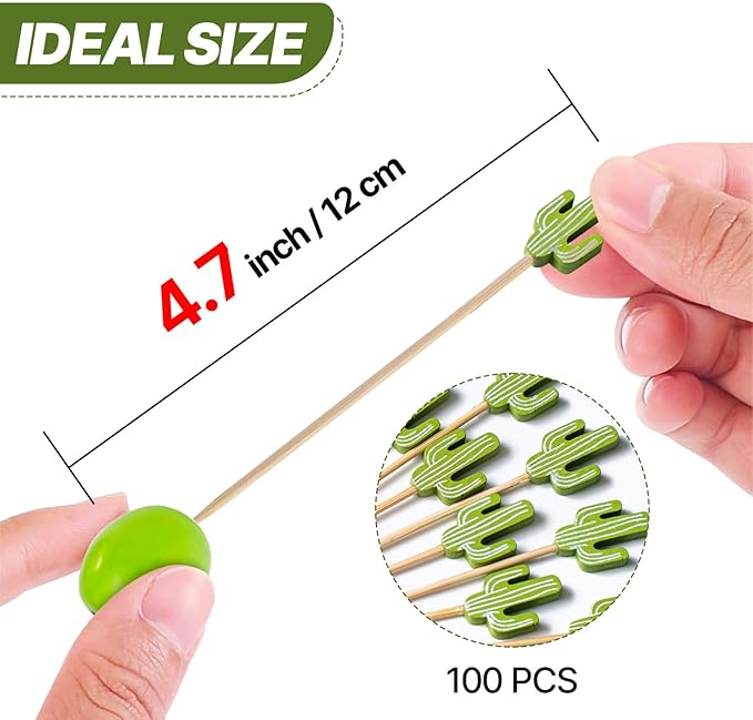 PuTwo Cocktail Picks Handmade Bamboo Toothpicks 100pcs 4.7” in Green Cacti
