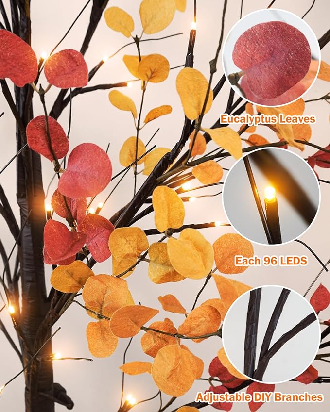 Lighted Fall Eucalyptus Tree, 7FT Faux Fall Tree with 128 Led Lights Artificial Autumn Light Up Eucalyptus Tree for Indoor Outdoor Harvest Fall Thanksgiving Decor