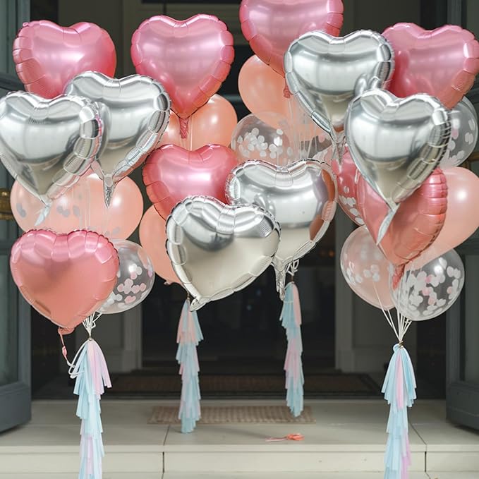 Pink Silver Heart Balloons, 18 Inch Pearl Pink and Silver Heart Shape Balloons, 12PCS Helium Love Foil Balloon for Birthday Baby Shower Engagement Wedding Party Decorations