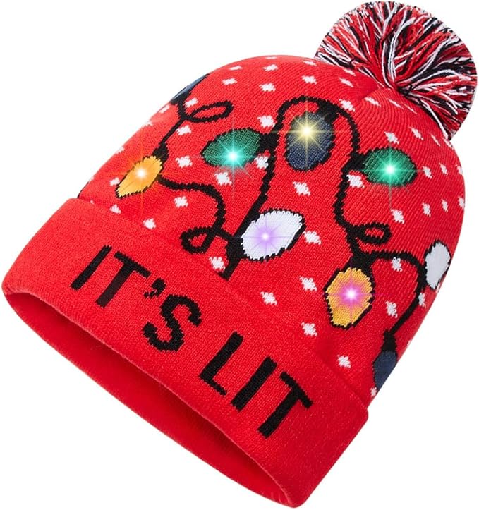 RAISEVERN Unisex Ugly LED Christmas Hat Novelty Colorful Light-up Stylish Knitted Sweater Xmas Party Beanie Cap(6 Lights)