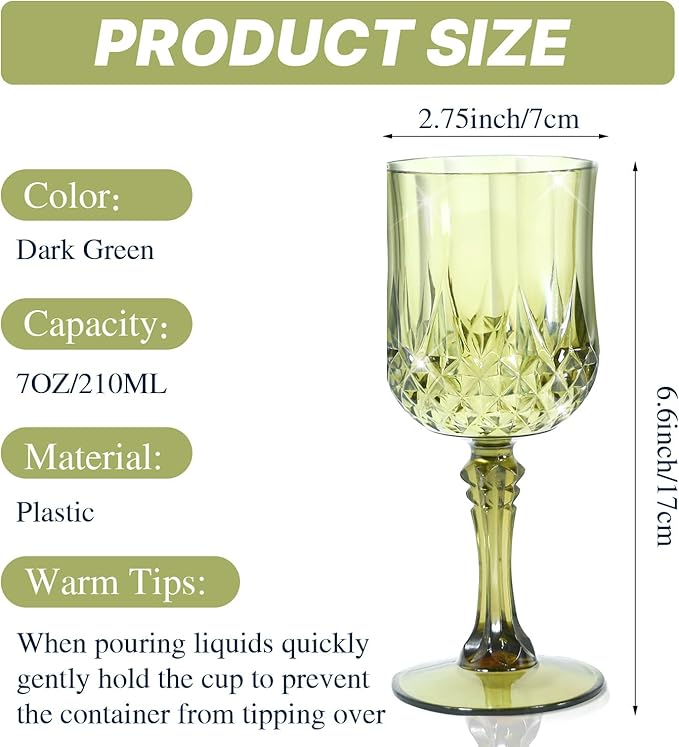 12 Pcs Plastic Green Wine Drinking Glasses, Plastic Water Goblets Green Vintage Reusable Drinkware Vintage Champagne glassware for Wedding Reception Grand Event Party, 7oz