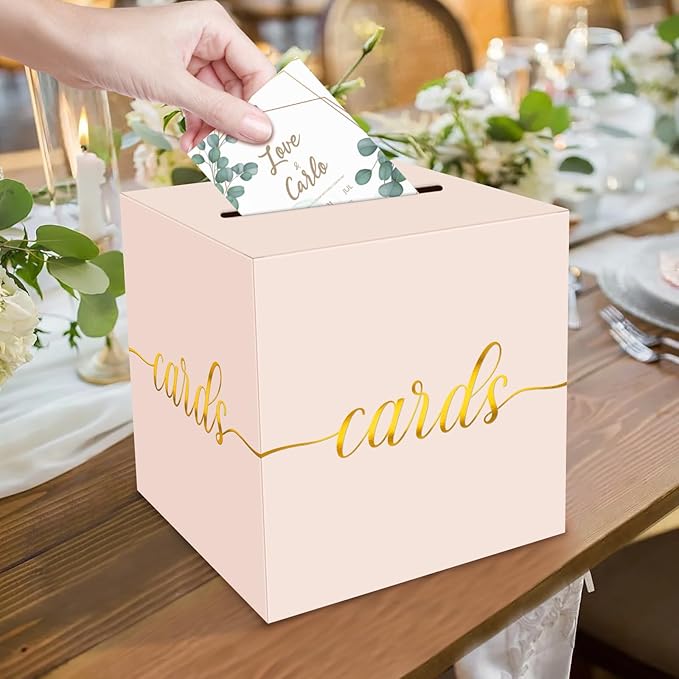 1 Pack Blush Pink and Gold Foil Card Box for Party, 8.7" Blush Pink Gift Card Box for Birthday, Wedding, Baby Shower, Retirement, Anniversary, Graduation, Raffle Ticket, Party