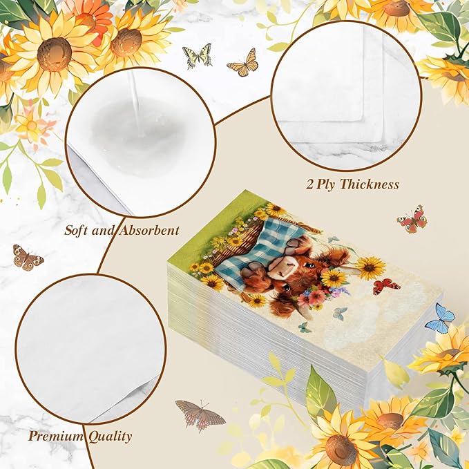 100 Pcs Highland Cow Napkins Fall Disposable Hand Towels for Bathroom Kitchen Cute Highland Cow Thanksgiving Decorative Napkins for Farmhouse Autumn Harvest Party Decor