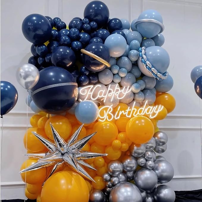 Blue and Orange Balloons Garland Arch Kit, 156 Pcs Royal Blue Orange and Light Blue Latex Balloon Different Sizes 18 12 10 5 inch for Birthday Graduation Space Themed Party Decorations
