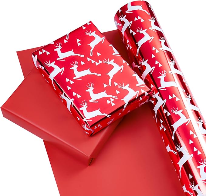 WRAPAHOLIC 30 Inch Jumbo Reversible Red Christmas Wrapping Paper - 30 Inch x 100 Feet Jumbo Roll Reindeer Wrapping Paper and Solid Red Design with Metallic Foil Shine for Christmas, Holiday, Party