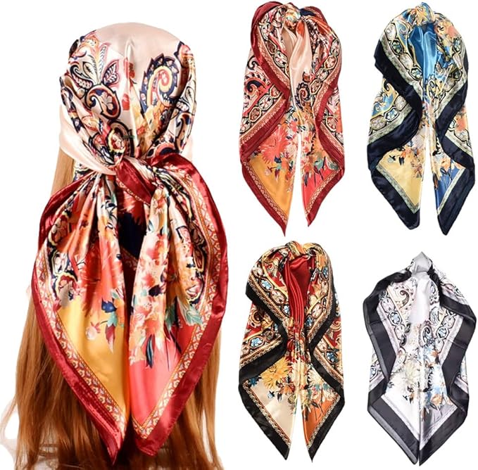 4Pcs Silk Head Scarves for Women Satin Hair Scarf 35”Large Square Bandana Silk Like Neck Scarf Shawl