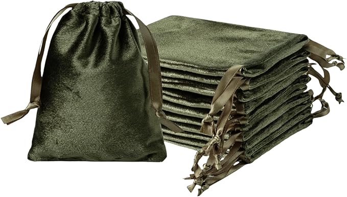 QIANF 12pcs Moss Green Velvet Drawstring Bags 3x4 inches Glossy Small Velvet Cloth Gift Bags Jewelry Pouches for Jewelry Storage Wedding Party Favor Christmas