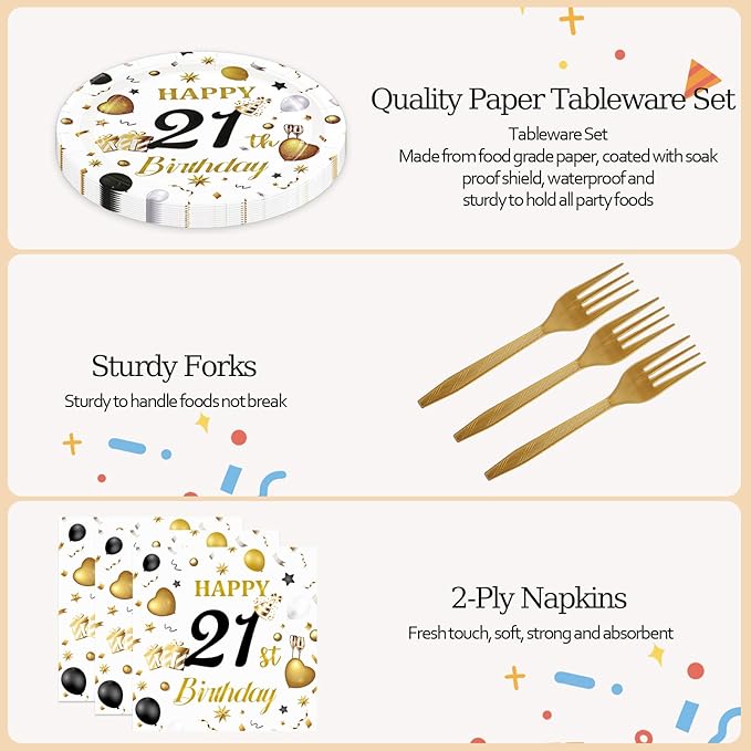 75PCS 21st Birthday Paper Plates and Napkins Party Decorations, 7 Inch White and Gold 21st Birthday Plates Napkins Cheers to 21 Years Tableware Set Party Supplies for Her Him