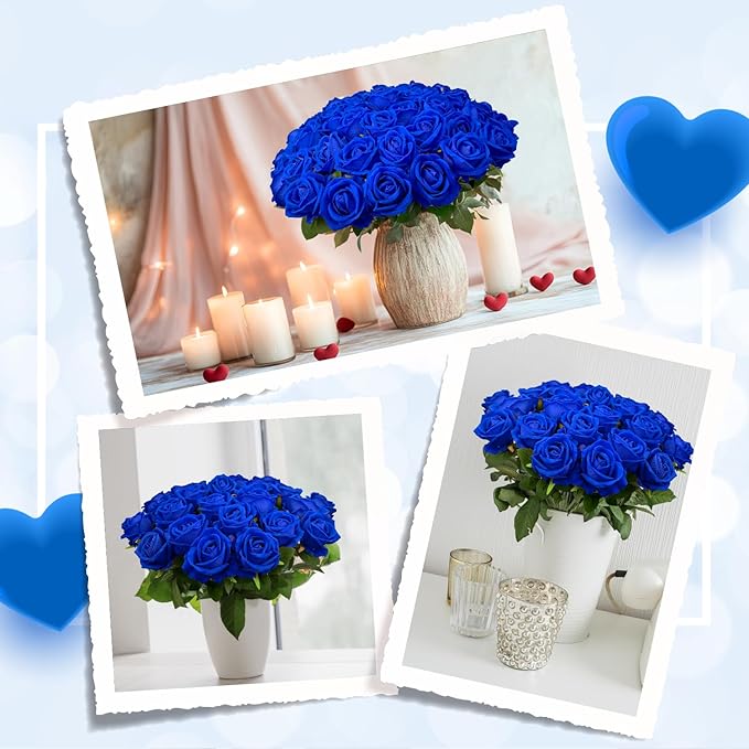 Bulk Artificial Flowers 50 PCS, Fake Velvet Silk Blue Roses with Long Stems Realistic Bouquet for Wedding Centerpieces, Faux Arrangement for Home Table Decor