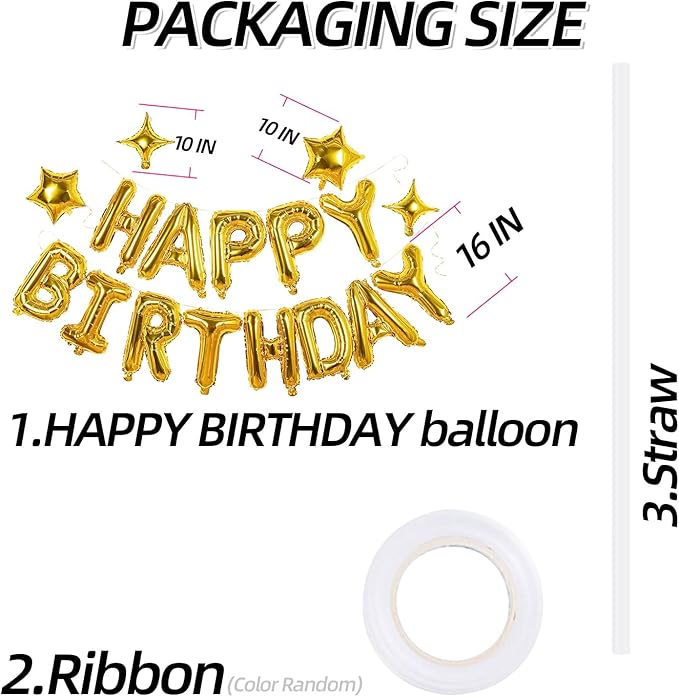 Gold Happy Birthday Banner Balloon Aluminum Foil 16 Inch Letter,10 Inch Five Pointed Star Four Pointed Star Suitable for Kids, Men, Women, Boys and Girls Party Decoration Supplies