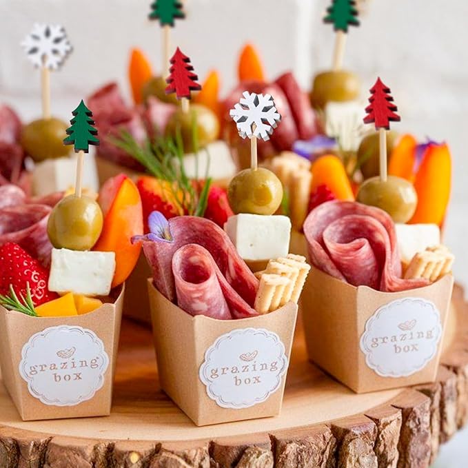 PuTwo Christmas Cocktail Picks 4.7 Inch 100pcs Bamboo Fancy Skewers Toothpicks for Appetizers Food Drink Fruit Sandwich BBQ Christmas Cocktail Party Charcuterie Boards Accessories Party Supplies