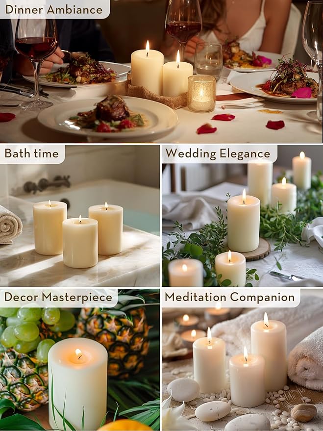 Ivory Pillar Candles, Set of 3, 56 Hour Long Burning, Unscented and Dripless, Large (3x4 inch) for Christmas Lights, Wedding, Parties, Spas, Home Decor
