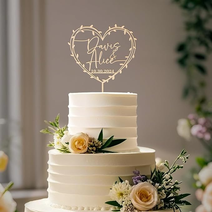 Custom Names and Date Wedding Cake Topper Pesonalized Wedding Anniversary Cake Decoration Heart Wreath Design in Plain & Metallic Finish Wood