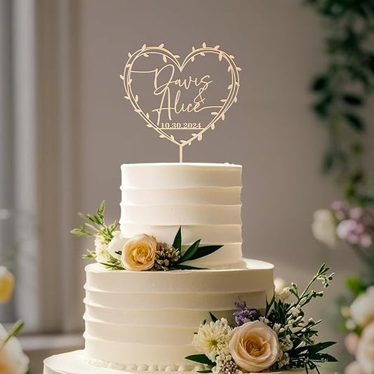 Custom Names and Date Wedding Cake Topper Pesonalized Wedding Anniversary Cake Decoration Heart Wreath Design in Plain & Metallic Finish Wood