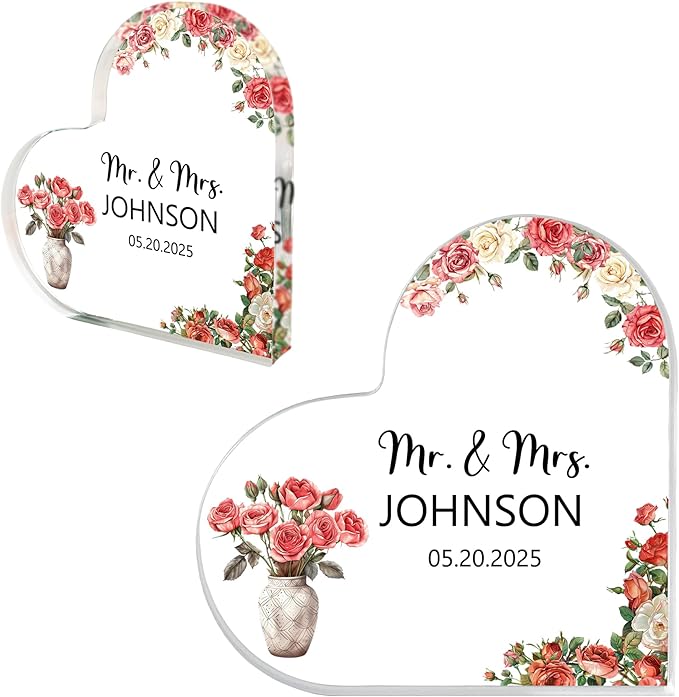 Custom Wedding Heart Acrylic Plaque,Mr & Mrs Cake Topper,Personalized Wedding Keepsake/Gift/Sign (Style 9)