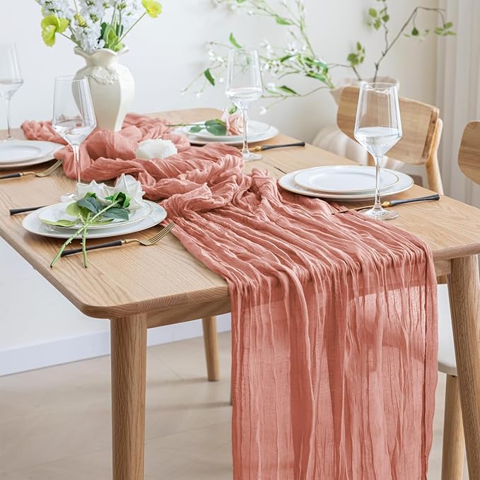 Asee'm 12pcs Cheesecloth Table Runner 120 Inches Dark Rose Boho Gauze Cheese Cloth Runner 10FT Rustic Sheer Table Runners for Summer Wedding Baby Shower Holiday Party Decoration