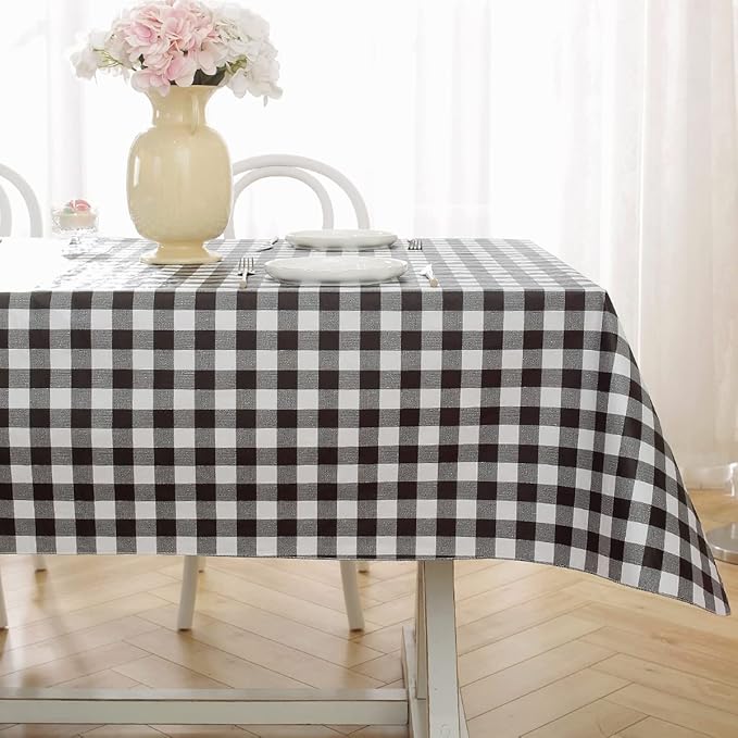 Buffalo Plaid Vinyl Tablecloth with Flannel Backing Rectangle 60 x 84 Inch, Waterproof & Oil Proof Checkered Tablecloth, Plastic Table Cover for Dining, Party, Indoor, Outdoor, Black and White