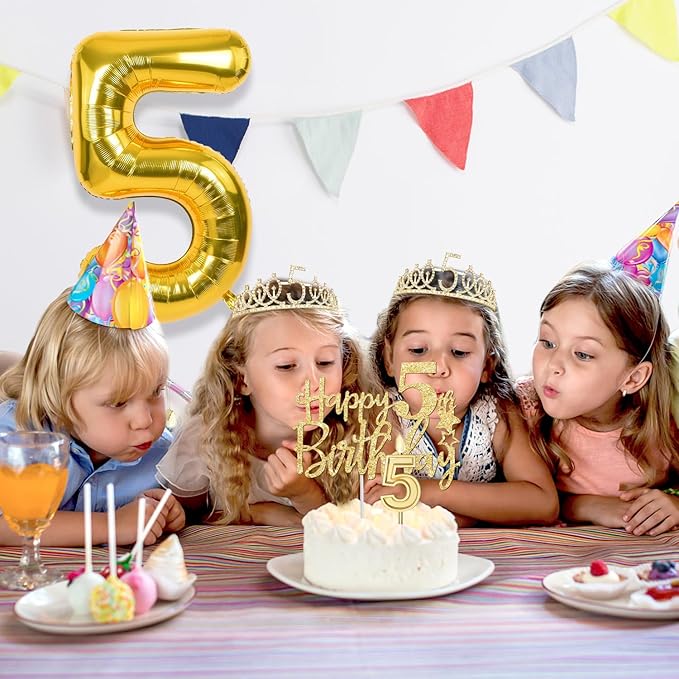 5th Birthday Decorations for Girls, Including Sash and Tiara, 5 Candles and Cake Toppers, Number 5 Balloon Gold, 5th Birthday Gifts for Girls (Gold)