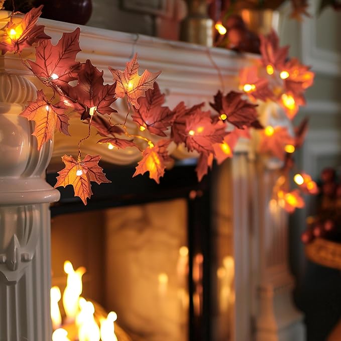 Dazzle Bright 4 Pack Thanksgiving Maple Leaf String Lights, Total 40FT 80 LED Battery Operated Lighted Fall Leaves Garland, Thanksgiving Decorations for Indoor Outdoor Autumn Harvest Decor