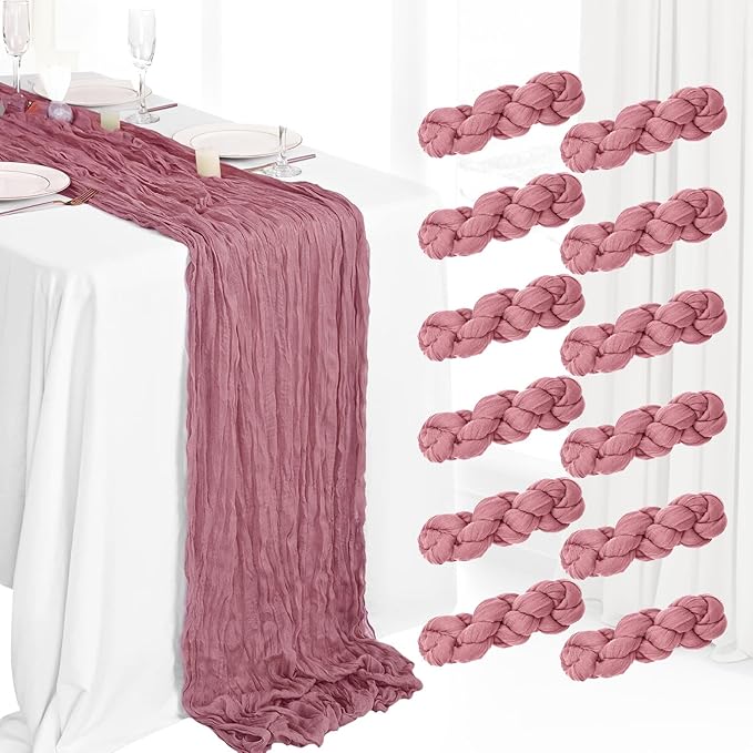 12 Pack Boho Gauze Table Runner - 10Ft Long Rustic Sheer Cheesecloth for Wedding, Bridal, Baby Shower, Birthday Party, Cake Table, Arbor Decorations (Dusty Rose)