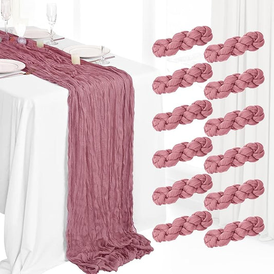 12 Pack Boho Gauze Table Runner - 10Ft Long Rustic Sheer Cheesecloth for Wedding, Bridal, Baby Shower, Birthday Party, Cake Table, Arbor Decorations (Dusty Rose)