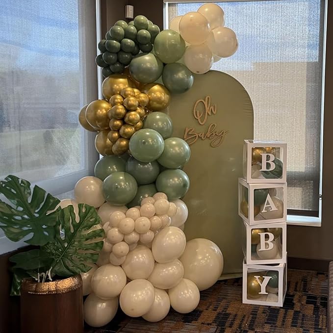 Balloons Green Gold, 60 Packs 12 Inch Retro Sage Green Gold Metallic Balloon, Olive Green White Latex Balloons for Wedding, Birthday, Baby Shower, Safari Jungle Party, Anniversary Decorations