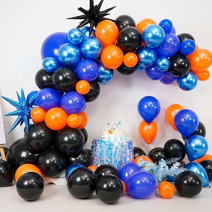Black Orange Blue Balloon Arch Kit,Royal Blue Black Balloon Garland with Star Foil Balloons for Birthday Graduation Basketball Party Decorations