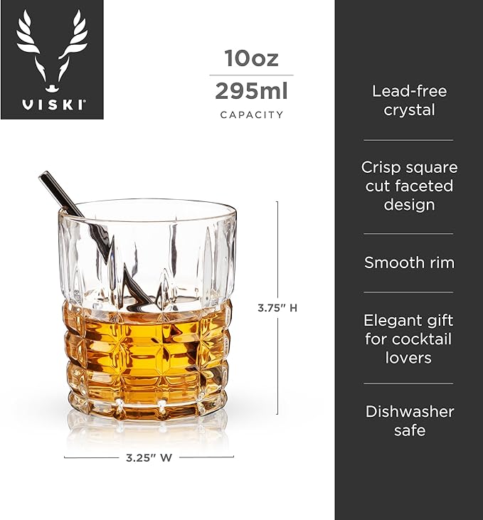 Viski Highland Crystal Whiskey Glasses, Elegant Drinking Glasses for Bourbon, Scotch, Cocktails, and Neat Spirits, Lowball Tumblers Perfect for Hosting, Housewarming Party, Home Bars, 10 oz, Set of 4