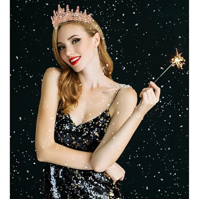 Velscrun Rose Gold Crystal Birthday Tiara Crowns for Women Girls Elegant Princess Crown with Combs Birthday Girl Headband Sash Happy Birth Party Decorations Birth Gift Hair Accessories