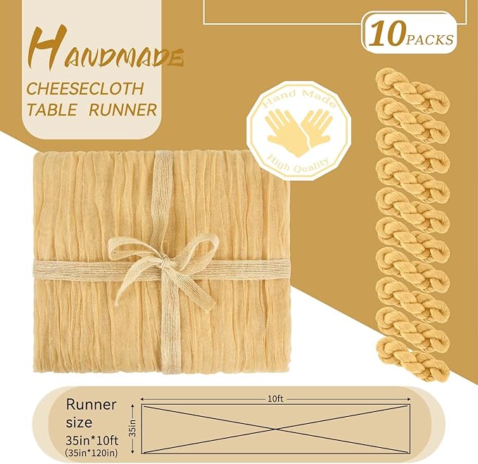 10 Packs Cheesecloth Table Runner Gold, 10Ft x 35" Sand Gauze Boho Wedding Table Runner Decoration, Wedding Table Decor Table Cloth for Wedding Party Bridal Shower Table