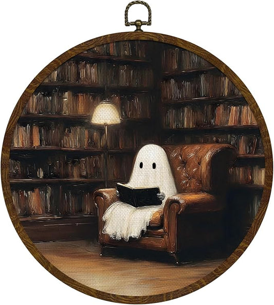 Funny Halloween Ghost Round Wall Art,Gothic Canvas Wall Hanging Decor, Spooky Farmhouse Vintage Round Wall Art for Bedroom Living Room Entryway, Rustic Ghost Gothic Wall Decor,Gift for Halloween 10x10Inch (Dark-Ghost01)