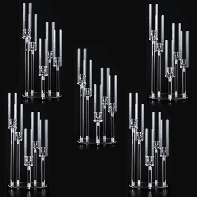 5PCS Acrylic Candelabra for Table Centerpieces,5 Arm Candle Stick Candle Holder Bulk for Wedding Party Birthday Baby Shower Christmas Decor candelabros para centros de mesa Fit 0.8 LED Candle