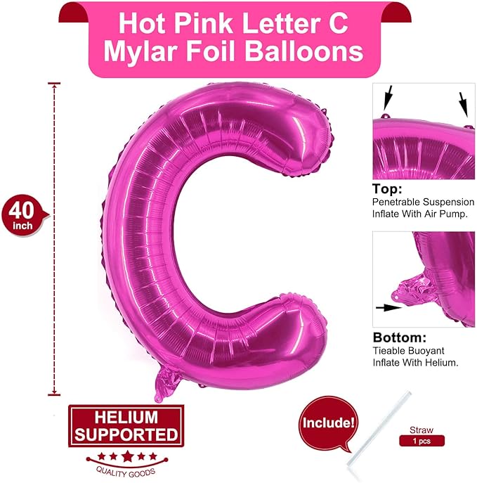 Lovoir 40 Inch Large Hot Pink Letter C Balloons Big Size Jumbo Mylar Foil Helium Balloon for Birthday Party Celebration Decorations Alphabet Hot Pink C