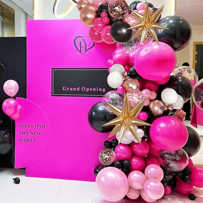 Hot Pink Black and White Balloon Garland Arch Kit, 156Pcs Black Pastel Pink White Rose Gold Balloons with Exploding Star for Birthday Mean Girls Boss Baby Barbie Minnie