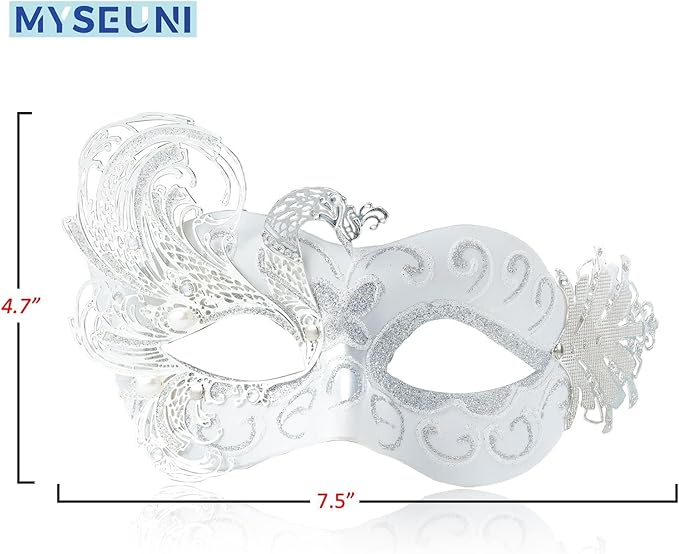 2025 New White Masquerade Mask for Women-Peacock Metal Masquerade Venetian Mask Silver- Masks for Women Butterfly - Mardi Gras, Halloween Parties, Costume Party, Carnivals, Wedding