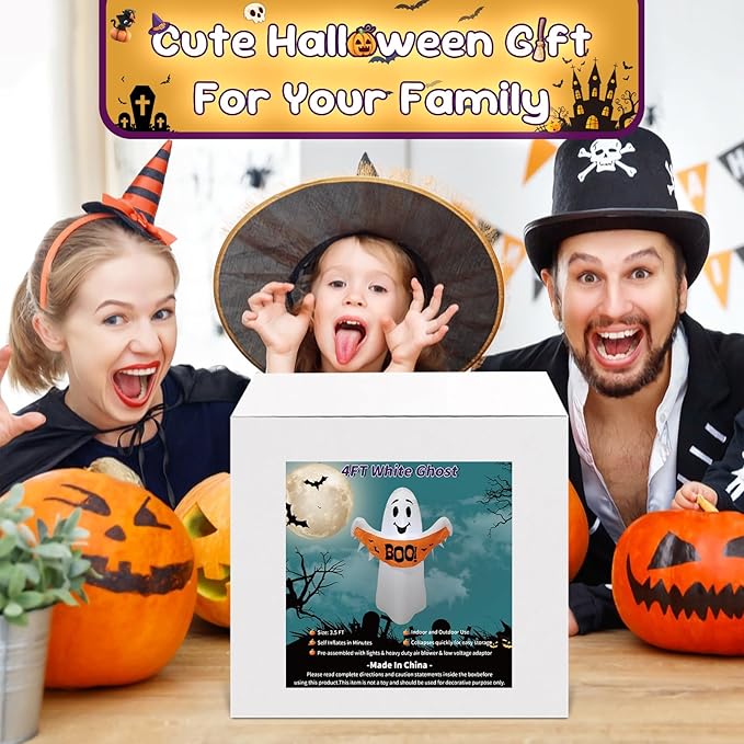 4FT White Ghost Holding a Boo Banner Halloween Inflatable Decoration Blow up Decor with LED Lights Indoor Outdoor Yard Graden Party Holiday Decor