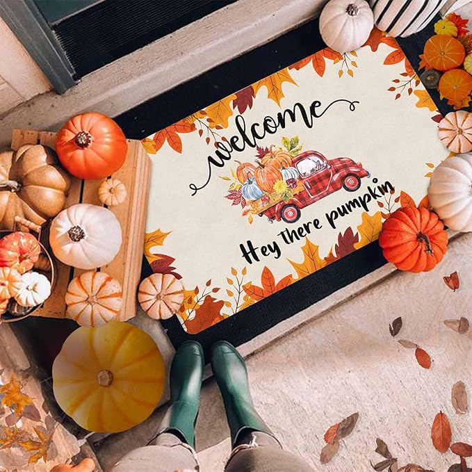 Fall Welcome Maple Leafs Decorative Door Mat, Autumn Thanksgiving Doormat for Indoor Outdoor Entrance Floor Mats,Fall Pumpkins Non Slip Harvest Vintage Decor Rubber Welcome Mats 16" x 24" Inch