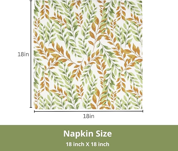 PurpleEssences Fall Harvest Decor Thanksgiving Napkins, 18x18 Fall Cloth Napkins Set of 6, 100% Cotton Autumn Fall Leaves Dinner Napkins for Farmhouse Kitchen, Sage N Autumn